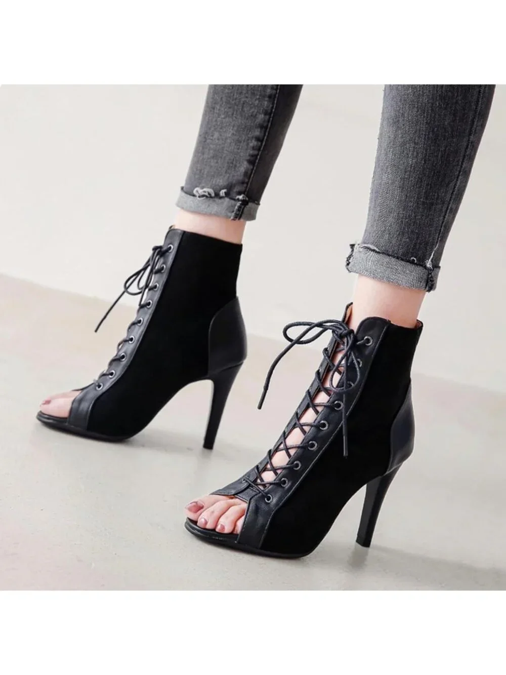 Women's Black Suede Buckle Lace Up Mesh Sandal Peep Toe High Heel Ankle Boots